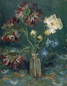 Pullo pioneja ja sinisiä delphiniumeja, kirjoittanut Gogh, Vincent, van (1853-1890). Öljy pahville, koko: 34,5x27 tekijältä Vincent van Gogh