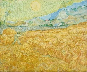 Sadonkorjuu, viljapelto ja niittokoneet (La moisson). 1889 tekijältä Vincent van Gogh