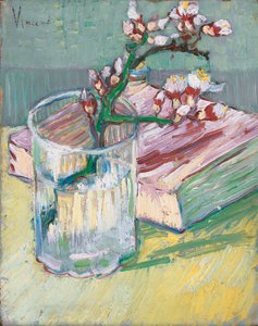 Kukkiva mantelioksa lasissa ja kirja, 1888 tekijältä Vincent van Gogh