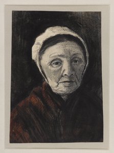 Vanhan naisen pää Scheveningerin lippalakki päässä, 1882-83 (hiili, musta ja ruskea liitu paperille)