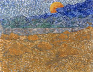 Maisema, jossa on vehnänkorret ja nouseva kuu tekijältä Vincent van Gogh