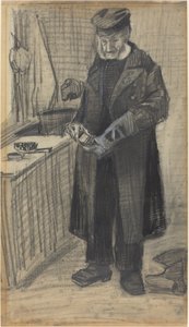 Mies kiillottaa saappasta, 1882 (musta liitu ja harmaa pesu, valkoisella korotuksella, vellapaperille). tekijältä Vincent van Gogh