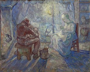"Yö" (yö) talonpoikaperhe sisätiloissa - Vincent van Goghin (1853-1890) maalaus Milletin jälkeen tekijältä Vincent van Gogh