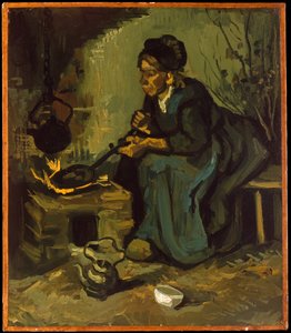 Talonpoikaisnainen valmistamassa ruokaa tulisijan ääressä tekijältä Vincent van Gogh