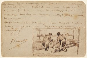 Postikortti, jossa kaksi talonpoikaa kaivaa, 1885. tekijältä Vincent van Gogh