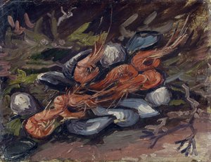 Katkaravut ja simpukat (Prawns and Simsels), kirjoittanut Gogh, Vincent, van (1853-1890). Öljy kankaalle, koko: 26,5x34,8 tekijältä Vincent van Gogh