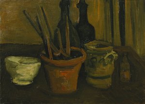 Asetelma siveltimien kanssa kukkaruukussa; Asetelma harjoilla kukkaruukussa, 1884 tekijältä Vincent van Gogh