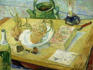 Asetelma piirustuslaudalla, piipulla, sipulilla ja sinettivahalla. 1889 tekijältä Vincent van Gogh