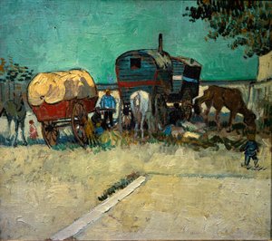 Trailerit, boheemi leirintäalue Arlesin läheisyydessä (Öljy kankaalle tekijältä Vincent van Gogh