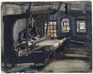 Weaver (tisserand) par Gogh, Vincent, van (1853-1890). Kynä, sivellin, vesiväri, intialainen muste paperille, koko: 35,5x44,6 tekijältä Vincent van Gogh
