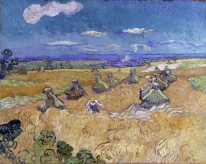 Vehnäpelto, jossa on karoja ja niittokone tekijältä Vincent van Gogh