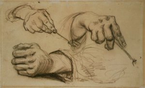 Tutkimus, kolme kättä, kaksi haarukkaa kädessä F 1161r JH 746 tekijältä Vincent van Gogh