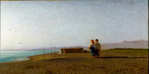 Näkymä rannalle Viareggiossa aamuaurinko Toscanan rannikolla, kaksi lapsen siluettia. Vincenzo Cabiancan (1827-1902) maalaus