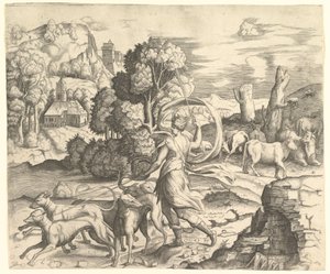 Diana metsästäjä maisemassa, n. 1530-42. tekijältä Vincenzo Caccianemici