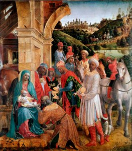 Vincenzo Foppan (n. 1427-1515) maalaus Maagien palvonta su. 239x210 cm Lontoo, National Gallery - Kuninkaiden palvonta, Vincenzo Foppa (n. 1427-1515). Öljy poppelille, 239x210 cm, n. 1500. National Gallery, Lontoo, Iso-Britannia