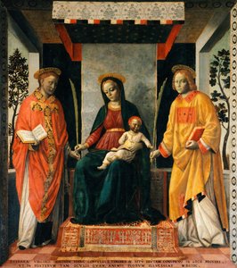 Madonna ja lapsi Pyhän Faustinuksen ja Pyhän Jovitan välillä, Vincenzo Foppa (n. 1427-n. 1515), Tempera kankaalle, 205x226 cm