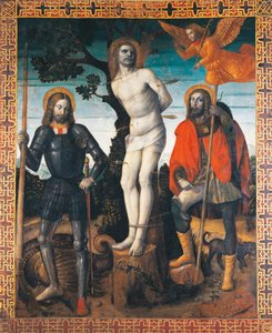St Sebastian, St Rocco ja St Giorgio, Orzinuovin kulkuelipun kääntöpuoli, Vincenzo Foppa (n. 1427 - n. 1515), maalaus kankaalle.