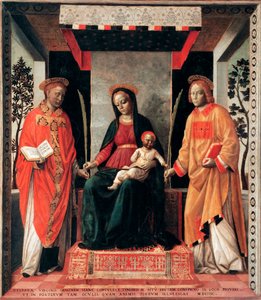 Neitsyt ja lapsi pyhien Faustinin ja Giovitan ympäröimänä (Brescian suojelijat Faustino ja Giovita) Vincenzo Foppan maalaus (noin 1427-1515) Brescia, Pinacoteca Tosio Martinengo Italia