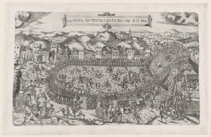 Rooman loiston peili: Karnevaalipelit, jotka pidettiin Testaccio-vuorella Roomassa, 1558, 1558 tekijältä Vincenzo Luchino