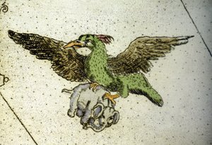 Jättiläinen lintu Rok kantaa norsua kasvihuoneidensa välissä antaakseen sen poikaselle, Vincenzo Coronellin (1650-1718) maailmankartan yksityiskohta. 17. vuosisata