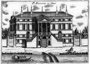 Palazzo (Palazzo) Foscarini Strassa lähellä Venetsiaa. Vincenzo Coronellin (1650-1718) teoksessa "Venetsia singularity".