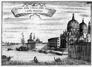 Venetsia, Italia. Arkkitehti Baldassare Longhenan suunnittelema Santa Maria della Saluten kirkko ja meritulli. Vincenzo Coronellin (1650-1718) teoksessa "Venetsia singularity"