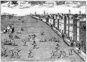 Venetsia, Italia. Lugune Muranon jäätä kohti vuonna 1708 Vincenzo Coronellin (1650-1718) teoksessa "Venetsia Singularity".