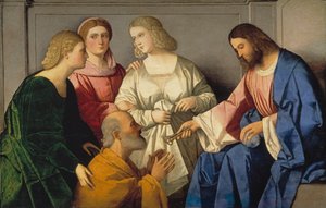 La Remise des clefs a Saint Pierre - Kristus antaa avaimet Pyhälle Pietarille - Catena, Vincenzo di Biagio (n. 1470-1531) - n. 1520 - Öljy puulle - 86x135 - Museo del Prado, Madrid tekijältä Vincenzo di Biagio Catena
