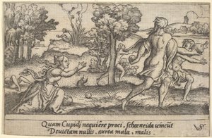 Atalanta ja Hippomenes, etualalla Atalanta polvistumassa poimimaan omenaa ja..., n. 1535-62.
