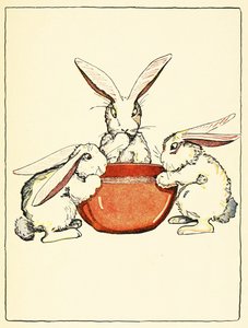 Flopsy, Mopsy ja Cotton-Tail tarjosivat leipää, maitoa ja karhunvatukoita illalliseksi, pubista The Tale of Peter Rabbit. 1916 (väri litho) tekijältä Virginia Albert