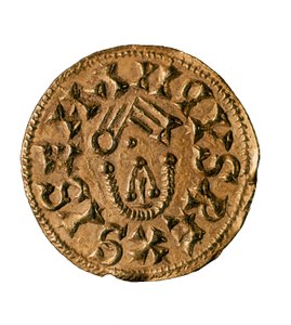 Kuningas Sisenandin tremissis (tai trieenit), valettu Tarracossa, Espanjassa, 7. vuosisadalla (kolikko)