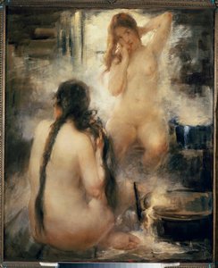 Dans un bain devapor (sauna) - Höyrysaunassa - Kaksi alastomaa nuorta naista kampaamassa hiuksiaan ja nauttimassa perinteisen venäläisen vesiterapian eduista - Vitali Gavrilovich Tikhovin (1876-1939) maalaus, öljy kankaalle, 1900-luvun alku - Venäläinen ta tekijältä Vitali Gvrilovich Tikhov