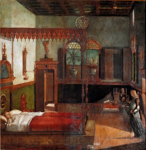 Pyhän Ursulan elämänkierto: Pyhän Ursulan unelma. (Maalaus tekijältä Vittore Carpaccio