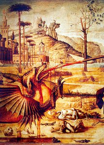 Yksityiskohta St. Georgesta, joka tappaa lohikäärmeen, n. 1502-07 tekijältä Vittore Carpaccio