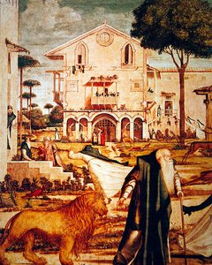 Yksityiskohta St. Jerome Taming the Lionista, n. 1501-09 (60932:n yksityiskohta) tekijältä Vittore Carpaccio
