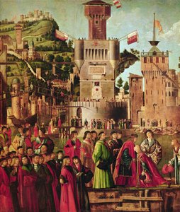 Yksityiskohta Etheriuksen ja Ursulan tapaamisesta ja pyhiinvaeltajien lähdöstä, St. Ursula Cycle, n. 1490-1496 (yksityiskohta 56472) tekijältä Vittore Carpaccio