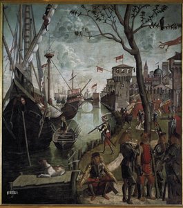 Legenda of Saint Ursula: pelerinien saapuminen Kölniin - Öljy kankaalle tekijältä Vittore Carpaccio