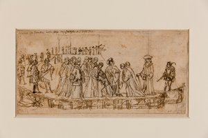 Englannin prinssi Conan jättää isänsä lomaan (kynä ja muste liidun päällä paperille) (recto of 5933931) tekijältä Vittore Carpaccio