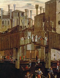 Pyhän ristin reliikin ihme, yksityiskohta vanhasta Rialton sillasta, Scuola di San Giovanni Evangelista, noin 1494. tekijältä Vittore Carpaccio