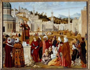 Pyhän Tapanin ennustus Jerusalemissa Maalaus osa sarjasta, joka teloitettiin Scuola si Santo Stefanon kappelille Venetsiassa. Vittore Carpaccion maalaus (1450/54-1525/26) Su. 1,4x1,9 m - Pyhän Tapanin saarna (St. Etienne) Jerusalemissa. Se tekijältä Vittore Carpaccio