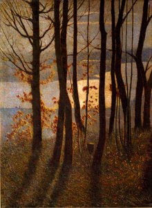 Aamu tai "" Panteistinen runo"" Aluskasvillisuuden maisema lähellä vesistöä aamunkoitteessa. Vittore Grubicy of Dragon (1851-1920) maalaus Milano, Galleria d