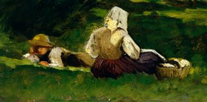 Istuva nainen ja poika makaamassa nurmikolla, kirjoittanut Vittorio Avondo (1836-1910).