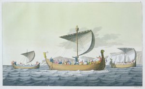 Fleet of William the Conqueror, 1066, levy 8 Jules Ferrarion teoksesta "Le Costume Ancien et Moderne", julkaistu noin 1820-30-luvulla tekijältä Vittorio Raineri