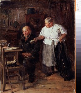 Nuhtelua (The Scolding). Vanhempi pariskunta sisätiloissaan, vaimo moittii miestään ja näyttää hänelle lompakkoaan. Maalaus Vladimir Jegorovich Makovsky (Makovsky, Makovskij) (1846-1920), öljy kankaalle tekijältä Vladimir Egorovic Makovsky