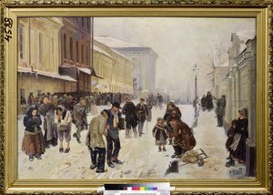 The Night Asylum (Dosshouse). Katukuvaa, väkijoukko apua tarvitsevia, kodittomia ihmisiä on kokoontunut vastaanottorakennuksen eteen, kärsivät kylmästä ja köyhyydestä. Vladimir Jegorovich Makovsky (Makovsky, Makovskij) (1846-1920) maalaus, öljy kankaalle tekijältä Vladimir Egorovic Makovsky