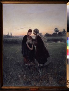 Äiti ja tytär (äiti ja tytär). Vuoropuhelu ja sukupolvien välinen luottamus iltahämärässä, nuori tyttö näyttää äärettömän surulliselta. Taustalla pieni maalaiskylä, kahdella naisella on yllään perinteiset mekot. Maalaus tekijältä Vladimir Egorovic Makovsky