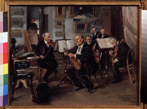 Musiikki-ilta. Muusikot valmistautuvat konserttiin, he virittävät soitintaan soitinkoteloiden ja partituurien väliin. Vladimir Jegorovich Makovsky Makovsky (Makovsky, Makovskij) (1846-1920) maalaus, öljy tekijältä Vladimir Egorovic Makovsky