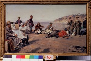 Kannella (Kannella). Kaiken luokan matkustajat rannikkoa pitkin kulkevalla veneellä. Maalaus Vladimir Jegorovich Makovsky (Makovsky, Makovskij) (1846-1920), öljy kankaalle tekijältä Vladimir Egorovic Makovsky