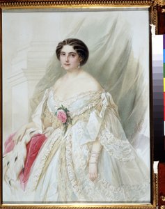 ""Naisen muotokuva, jolla on turkisviitta"" Hän on pukeutunut valkoiseen mekkoon, jossa on nauhoja, korvakoruja ja rannekoruja. Akvarelli Vladimir Hau (Gau) (1816-1895) 1860 Yksityinen kokoelma