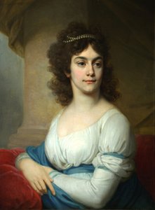Tuntemattoman naisen muotokuva valkoisessa mekossa sinisellä nauhalla, 1790-luvun loppu tekijältä Vladimir Lukich Borovikovsky